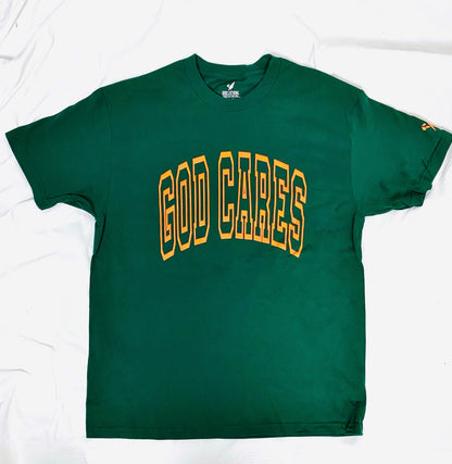 GC "God Cares" Glow-in-the-Dark Varsity Forest Green T-Shirt